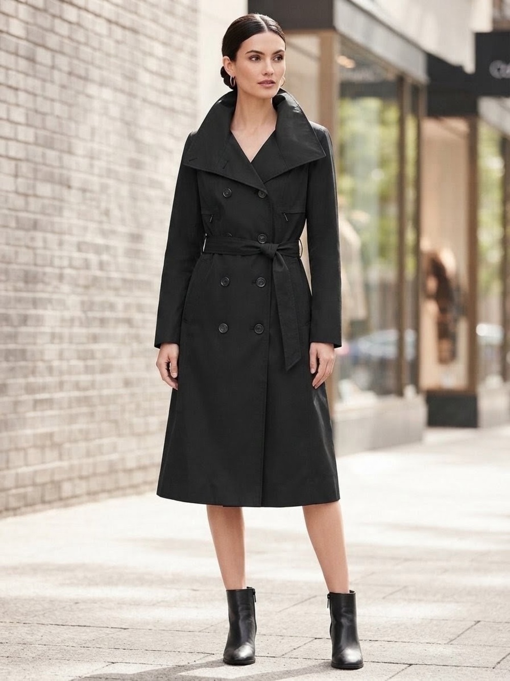 Calvin Klein Double-Breasted Belted Trench Coat Black with Cream Lining Size M